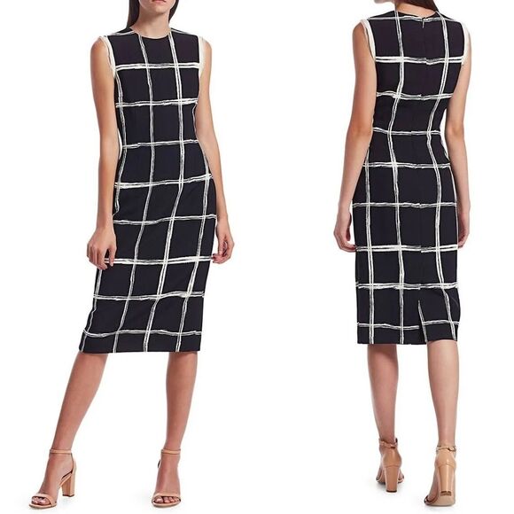 Jason Wu Collection Windowpane Stretch Crepe Sheath Dress in Black Chalk -Size 6 - Picture 1 of 8